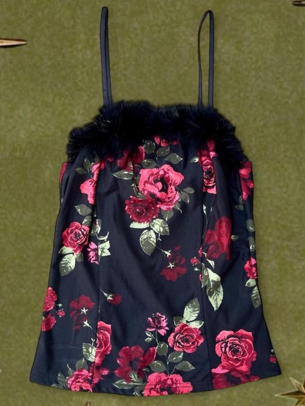 90s Vibe Black Fur & Roses Tank Top